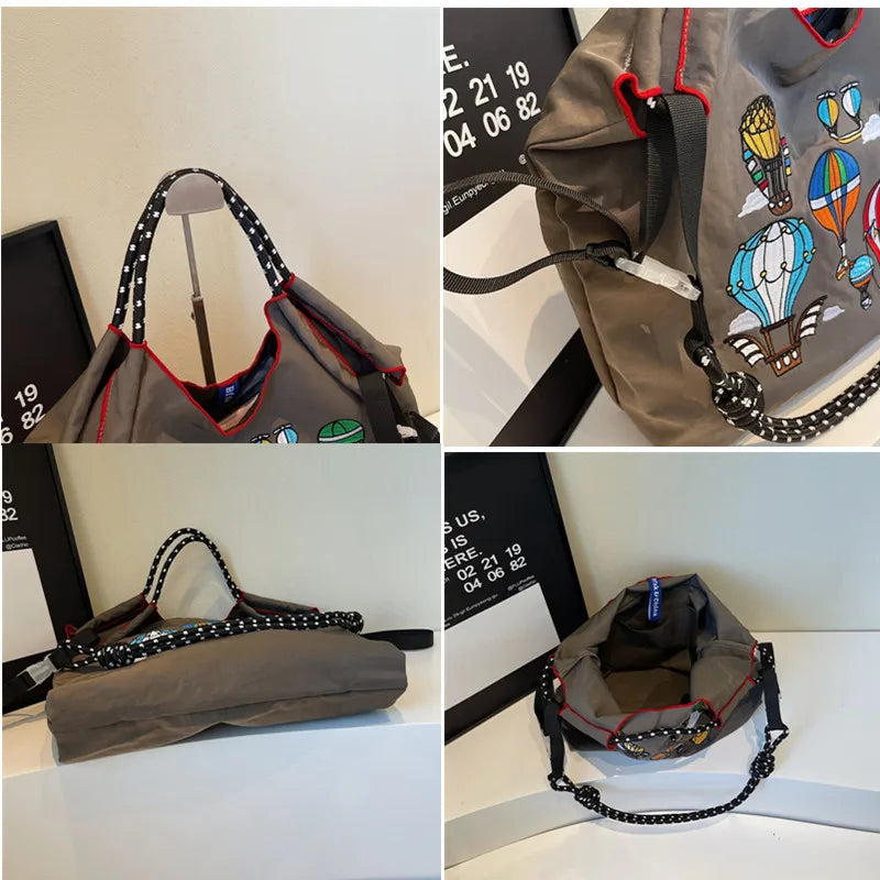 Fashion Embroidered Hot Air Balloon Pattern Large Capacity Lady Canvas Bag New Drawstring Shopping Handbag Thin Style Canvas Bag
