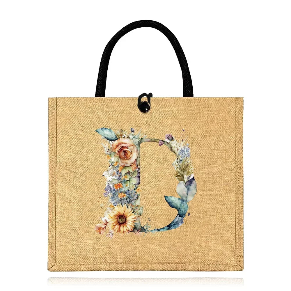 Flax Bag Fastener Handbag Organizer Storage Jute Tote Bags Imitation Cotton Women Valise Portable Floral Letter Printing Series