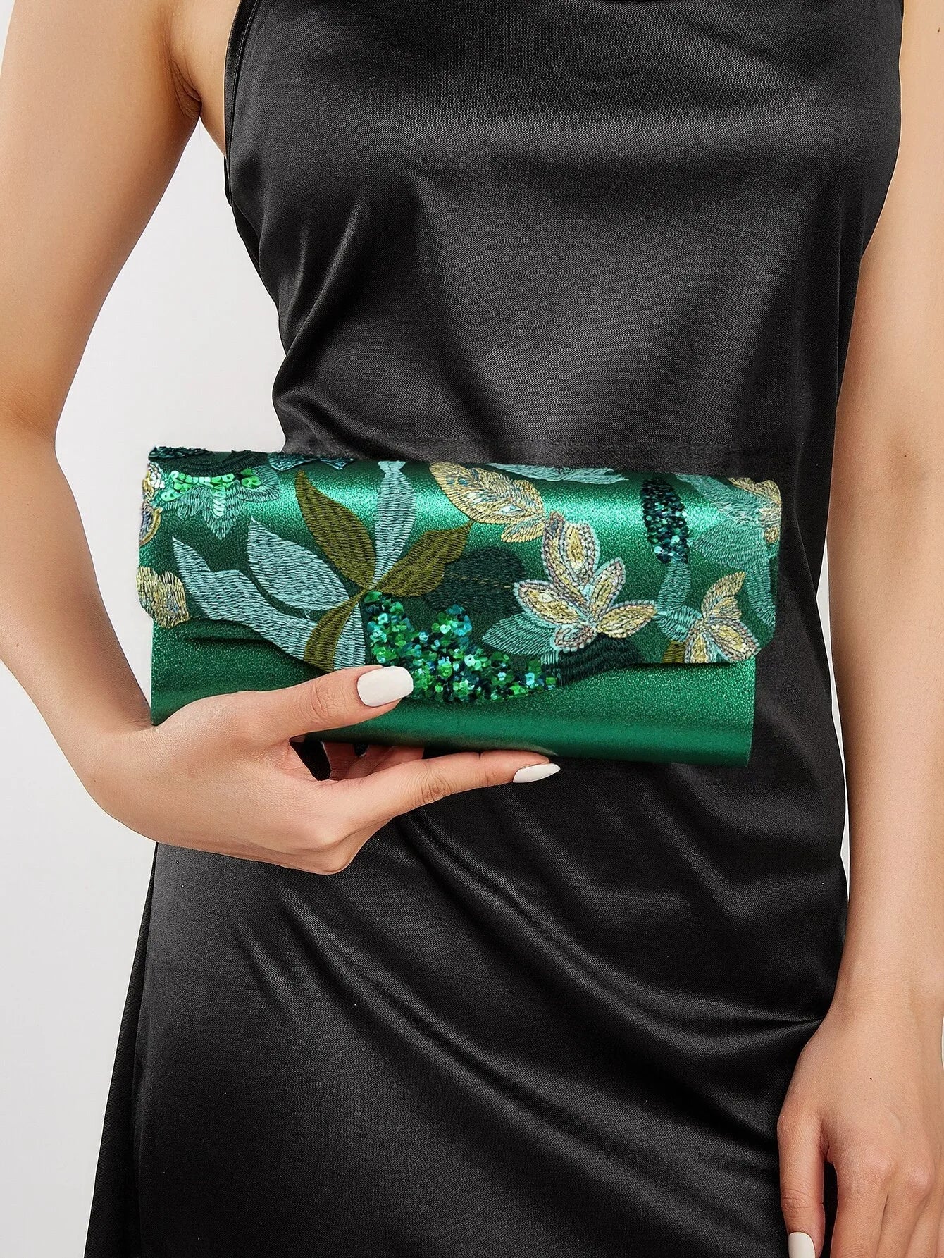 Spring and summer new dark green flower dinner bag light luxury envelope bag women's elegant fashion dress clutch bag