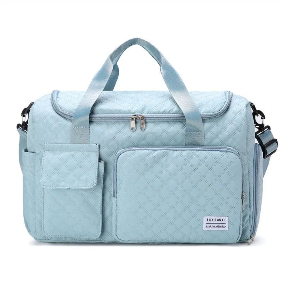 Simple Quilted Travel Duffle Bag Solid Color Oxford Sports Tote Bag Single Shoulder Foldable Travel Handbag Girl