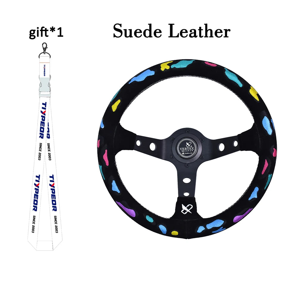 VERTEX Universal Racing Steering Wheel Black Spoke Suede Embroidered Sports Steering Wheel With 6 Holes