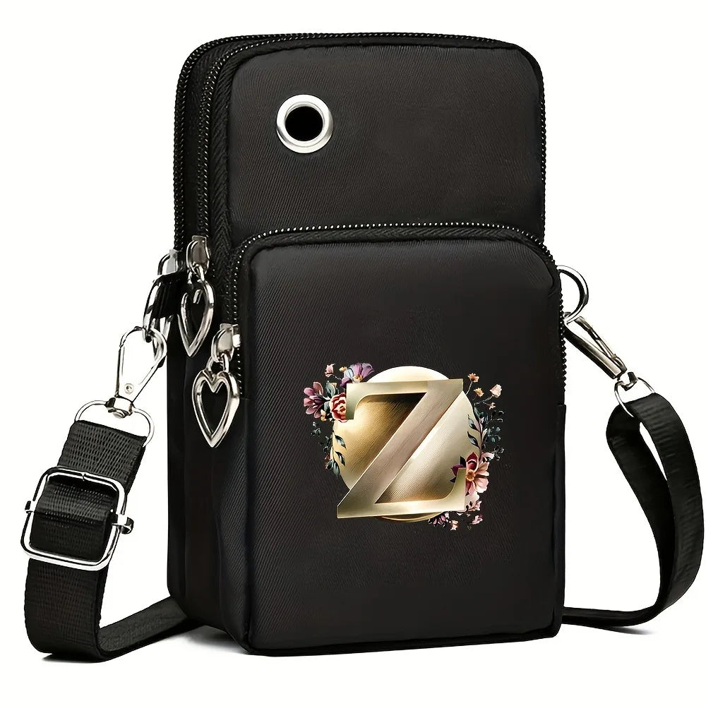 Fashion A-Z Letter Print Women's Crossbody Bag Large Capacity Three-Layer Zipper Phone Bag Daily Travel Coin Purse