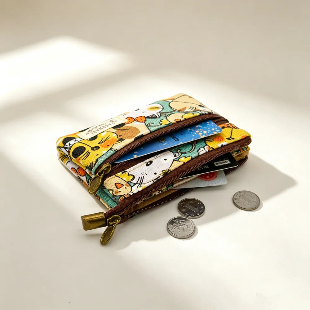 Fresh country-style floral double-printed 4-layer cotton fabric zero wallet for girls - coin bag, keys, ID card bag, card holder
