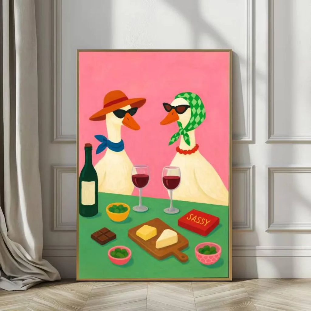 Duck Wine Party Art Print, Quirky Animal Poster, Retro Wall Art with Ducks and Wine, Fun Dining Room or Kitchen Decor