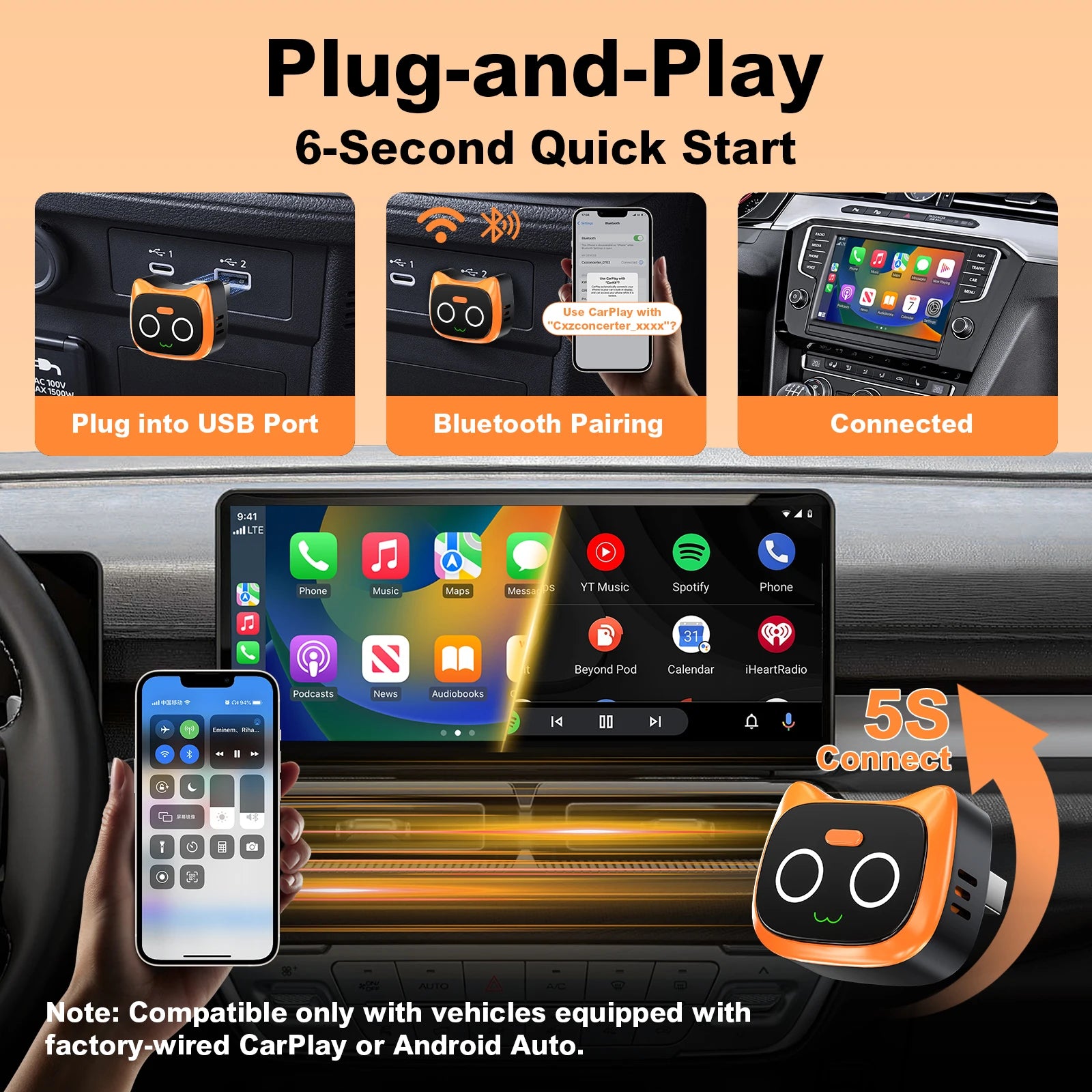 Mini Wireless CarPlay and Android Auto Adapter—converts wired CarPlay to wireless CarPlay, with button controls and one-touch disconnection (to protect privacy during calls)