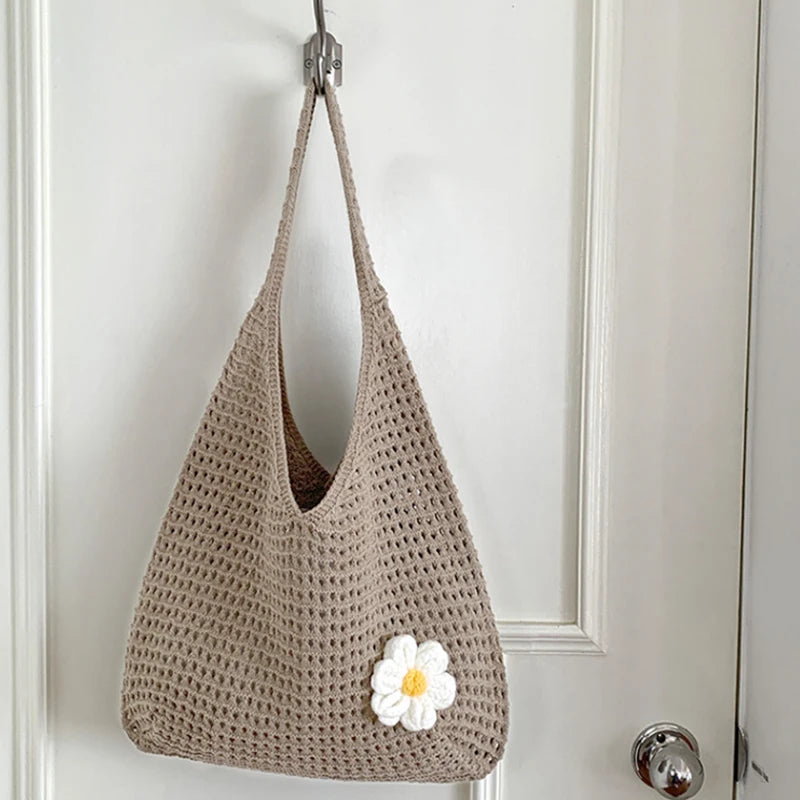 Solid Color Knitting Shoulder Bag Hollow Out Versatile Bohemian Crochet Tote Bag Large Capacity Casual Woven Handbag Women