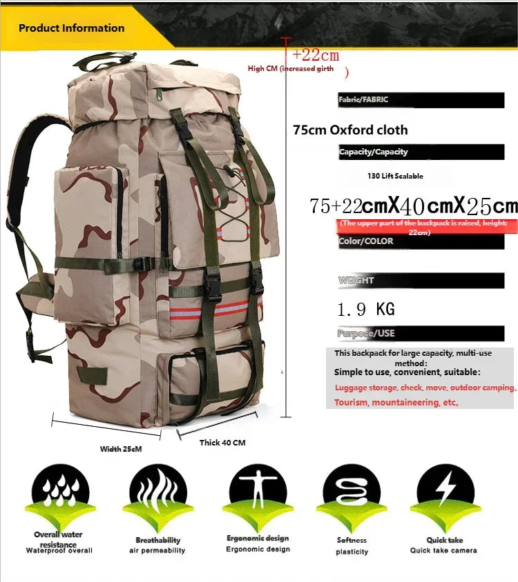 130L Hiking Camping Backpack Travel Large Luggage Bag Trekking Outdoor Sports Pack Molle Trekking Rucksack with Reflective Strip