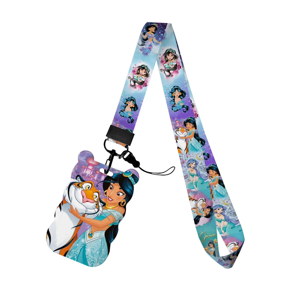 Disney Jasmine Princess Irregular Head Shape Badge Holder Lanyard Keys Chain ID Credit Card Cover Bus Card Holder Glitter Charms