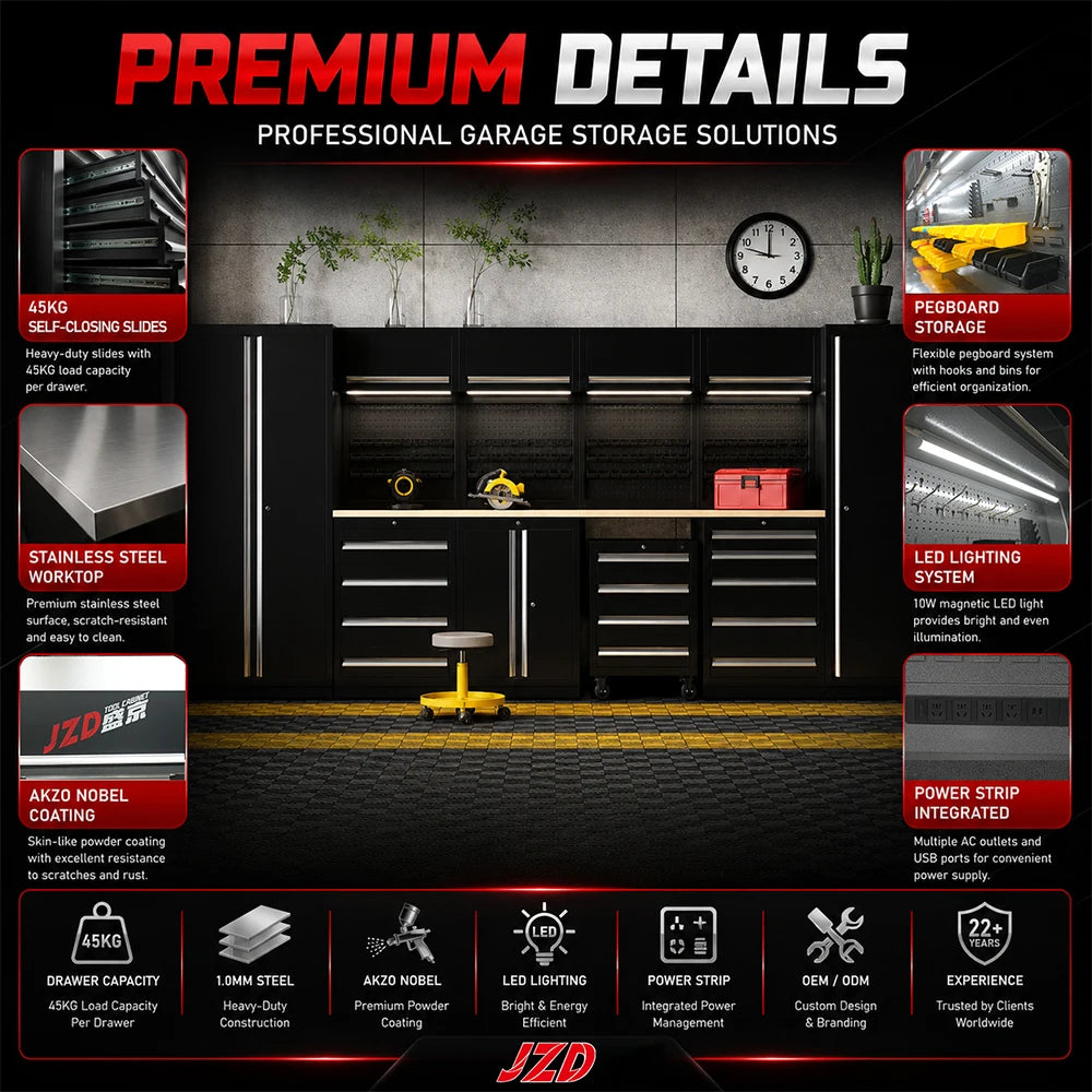 JZD Stainless Steel Tool Cabinet Industrial Workbench with Drawers Garage Storage Wall Cabinet Complete Workshop Tool Trolley