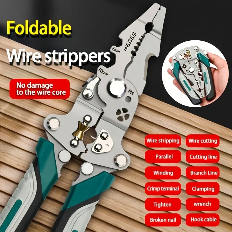 Industrial Grade 18-in-1 Foldable Wire Stripping Pliers Crimping Tool Heavy Duty Multifunctional Electrician Pliers for DIY