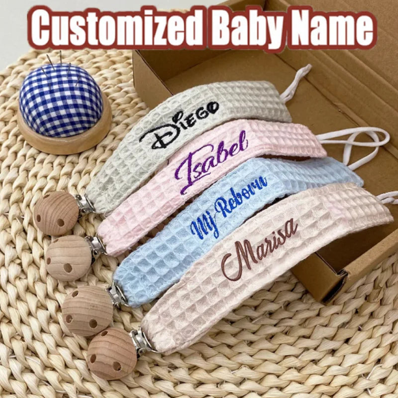 Custom Name Pacifier Clip Holder Personalized Fabric Pacifier Clip with Wooden Clip Hand Embroiered Name Baby Shower Gift