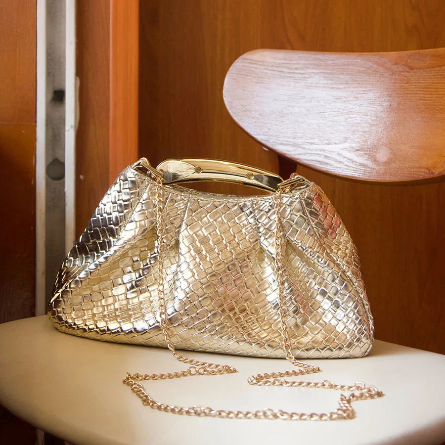 Stylish and simple glossy cloud woven bag temperament metallic clutch bag chain single shoulder underarm oblique span bag