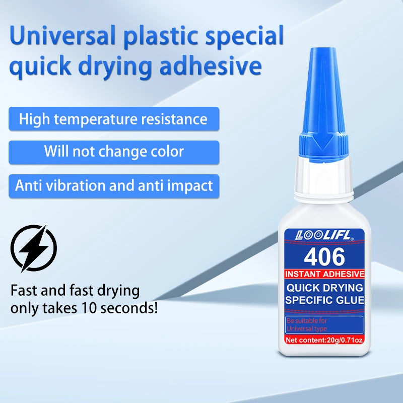 Brand-new upgraded 406 super cyanoacrylate glue, instant drying in 5 seconds, waterproof, stable and versatile bonding tool.