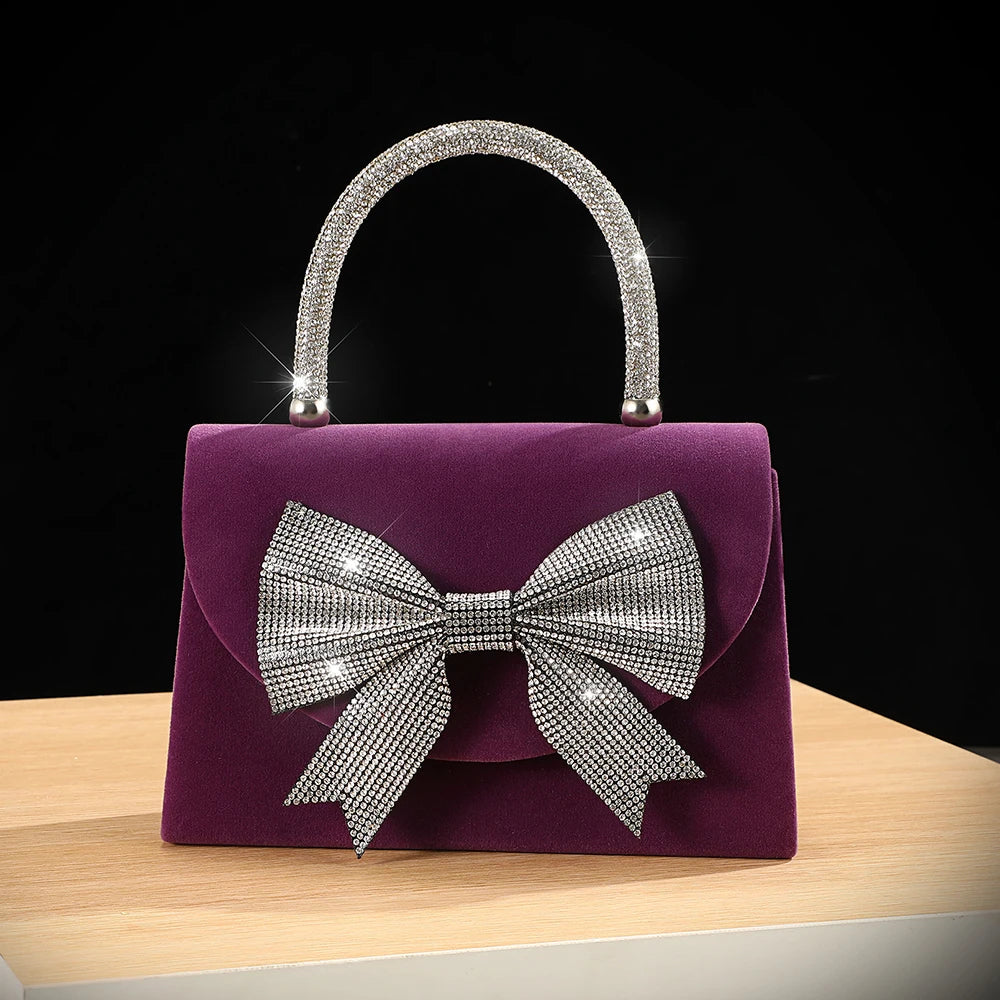 New velvet bow rhinestone handbag - luxurious evening dress bag - fashionable shoulder bag
