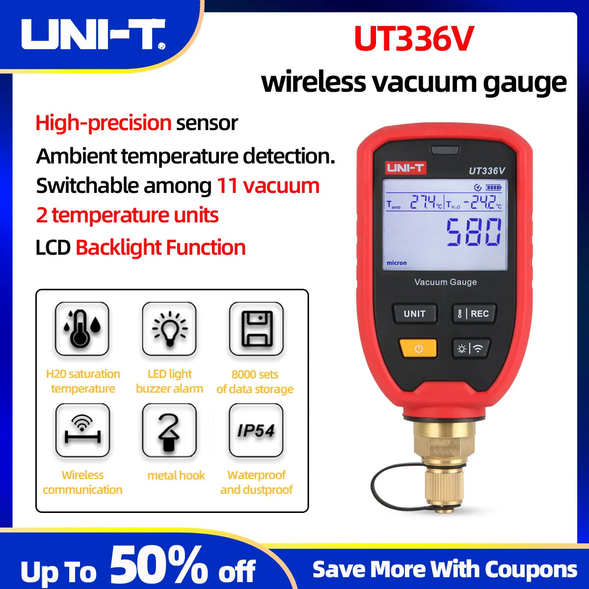  Professional UT336V Wireless Vacuum Gauge With LED Alarm IP54 Waterproof 8000 Data Storage for HVAC Refrigeration APP Alarm