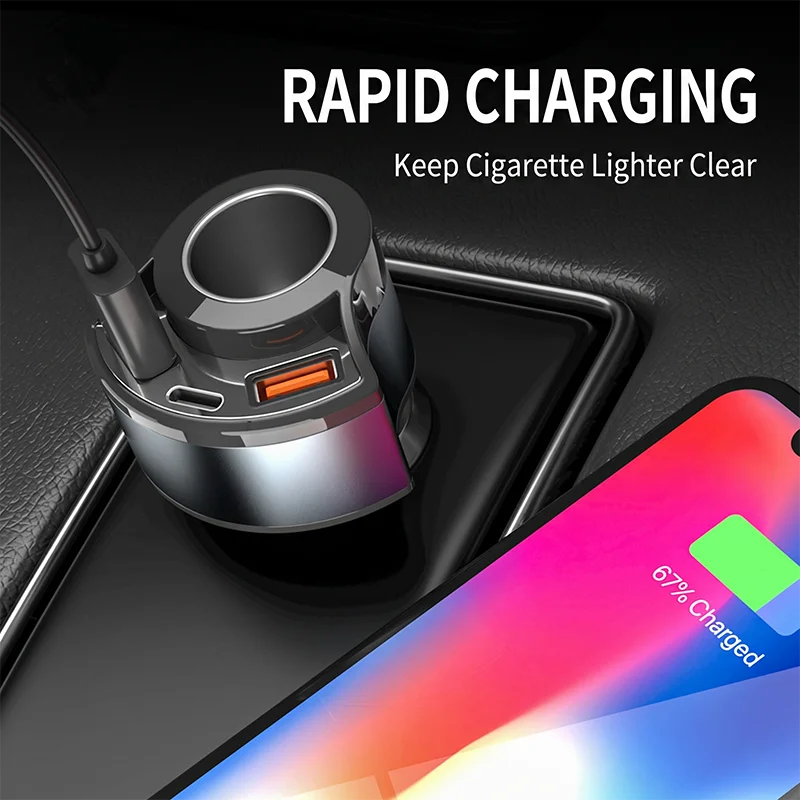 Fast Charging Multi Port Vehicle Power Adapter Car Charger with Cigarette Lighter Splitter Socket Type C Dual USB A  For iPhone
