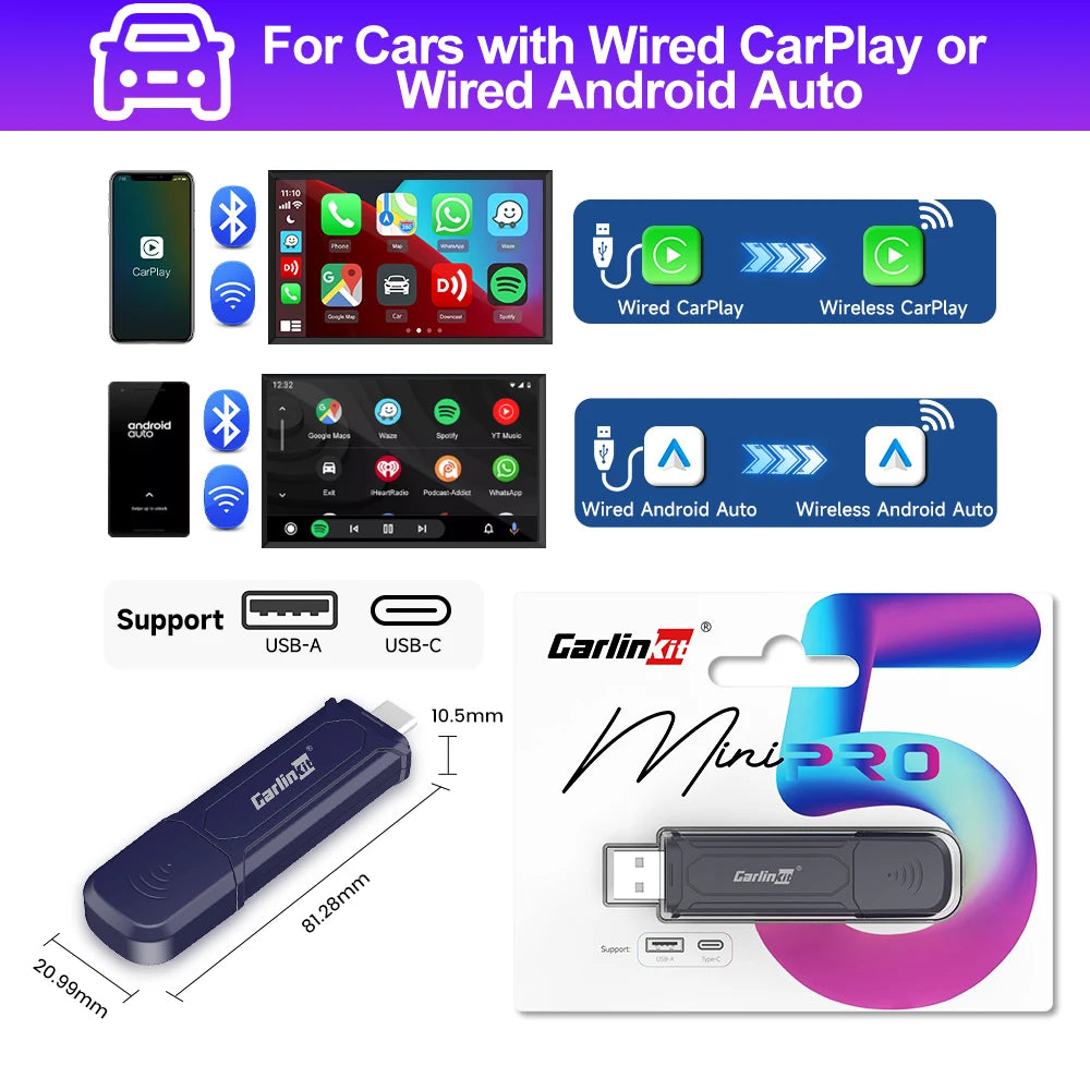 CarlinKit 5 Wireless Android Auto Wireless CarPlay Adapter 2In1 Mini SE Pro Auto Connect OTA Update Plug And Play USB-A/Type-C