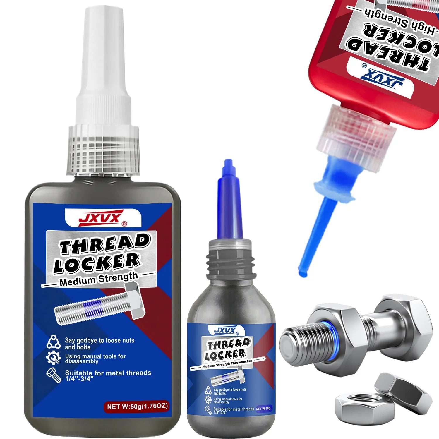 Medium strength blue liquid fillet brakes, removable; Thread adhesive sealant to prevent loosening and rust; 50/10 ml bottle; anti-rust; component replacement sealant.