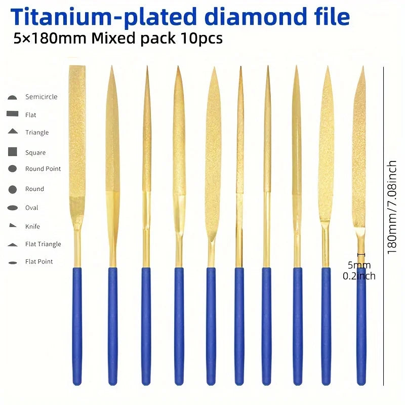 10pcs Diamond Needle Files, Mini Assorted Files Polishing Tools, Mini Files, Alloy Plated Titanium Files Set