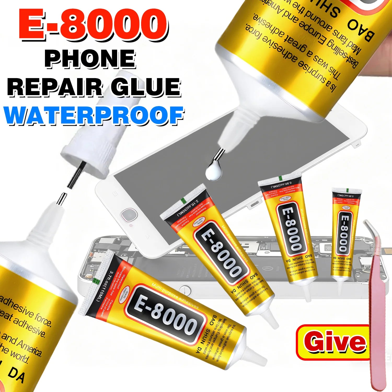 E-8000 Glue For Phone Universal Glass Plastic DIY Glue E8000 with Precision Applicator Glue E8000 Mobile Phone Screen High-Strength Waterproof Adhesive Includes precision tweezers 15ML 50ML 110ML.