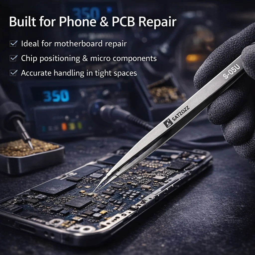 SATZOZZ S-05U Ultra Fine Precision Tweezers for Phone PCB Repair 304 Stainless Steel Non-Magnetic Anti-Static