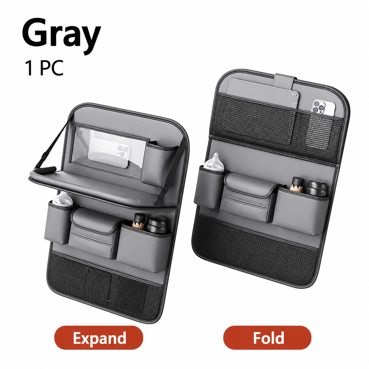 Car Seat Back Organizer with Kids Folding Tray Table, Hanging Storage Bag for Back Seat Travel Dining Desk
