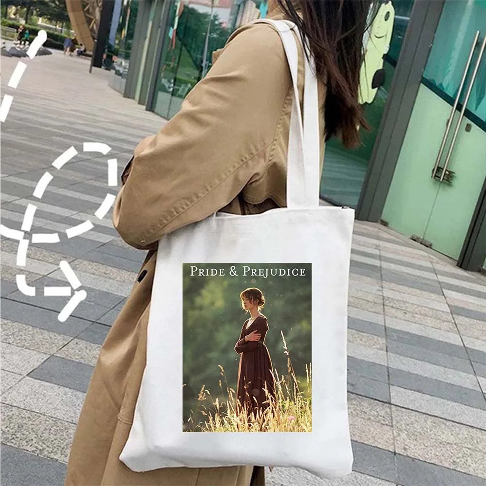 More Pride Less Prejudice Jane Austen Pride Prejudice Elizabeth Darcy Book Bennet Cartoon Shopper Canvas Tote Bag Cotton Handbag