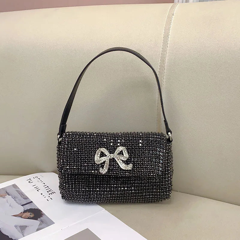 Full Rhinestone Bow Large Capacity Portable Personalized Banquet Diamond Flip Small Square Bag Underarm Crossbody