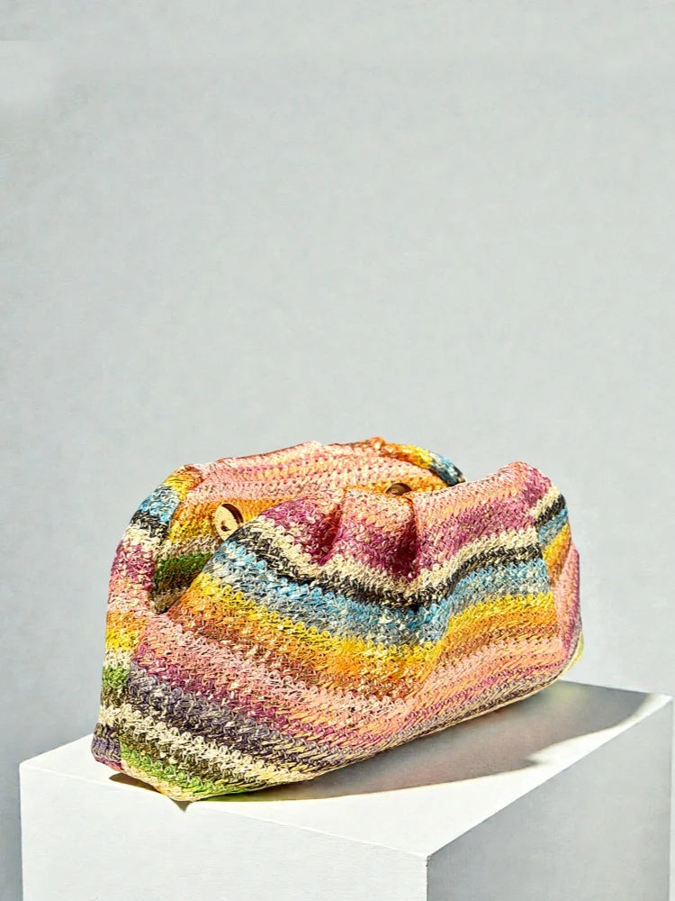 2026 Summer New Rainbow Mixed Color Stripe Knitted Woven Handbags Women Causal Weaving Purse Seaside Vacation Beach Bags