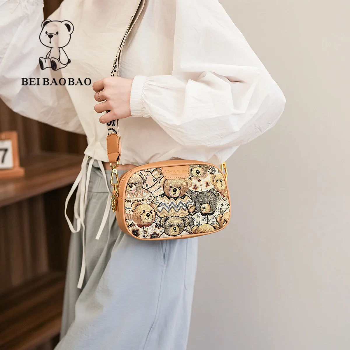 Beibaobao 2025 Summer New Canvas Fashion Women's Bag Bear Single Shoulder Crossbody Bag Casual Women's Bag