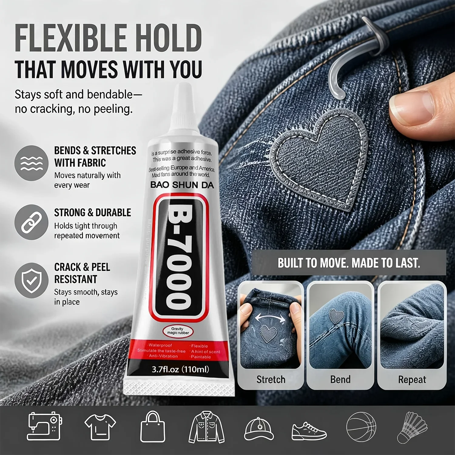 B-7000 Fabric Glue Permanent, Fabric Glue for Patch, Clear Fabrics Adhesive,Permanent Washable,for All Cotton, Denim, Polyester.