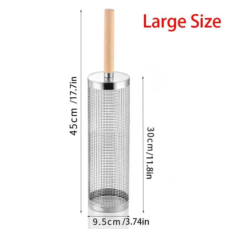 1pcs Outdoor Camping BBQ  Round Cylinder Grill Basket Stainless Steel Rolling Mesh Rack for Barbecue Food Cooking