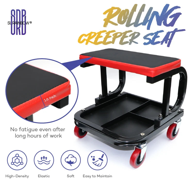 Rolling Creeper Garage/Shop Seat, 250 LBS Capacity Padded Rolling Workshop Stool with Tool Tray Storage, Auto Mechanic Stool.