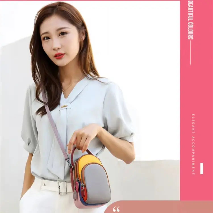 Leather mobile phone storage, hand-held crossbody bag with top layer cowhide color contrast, large capacity single-shoulder bag