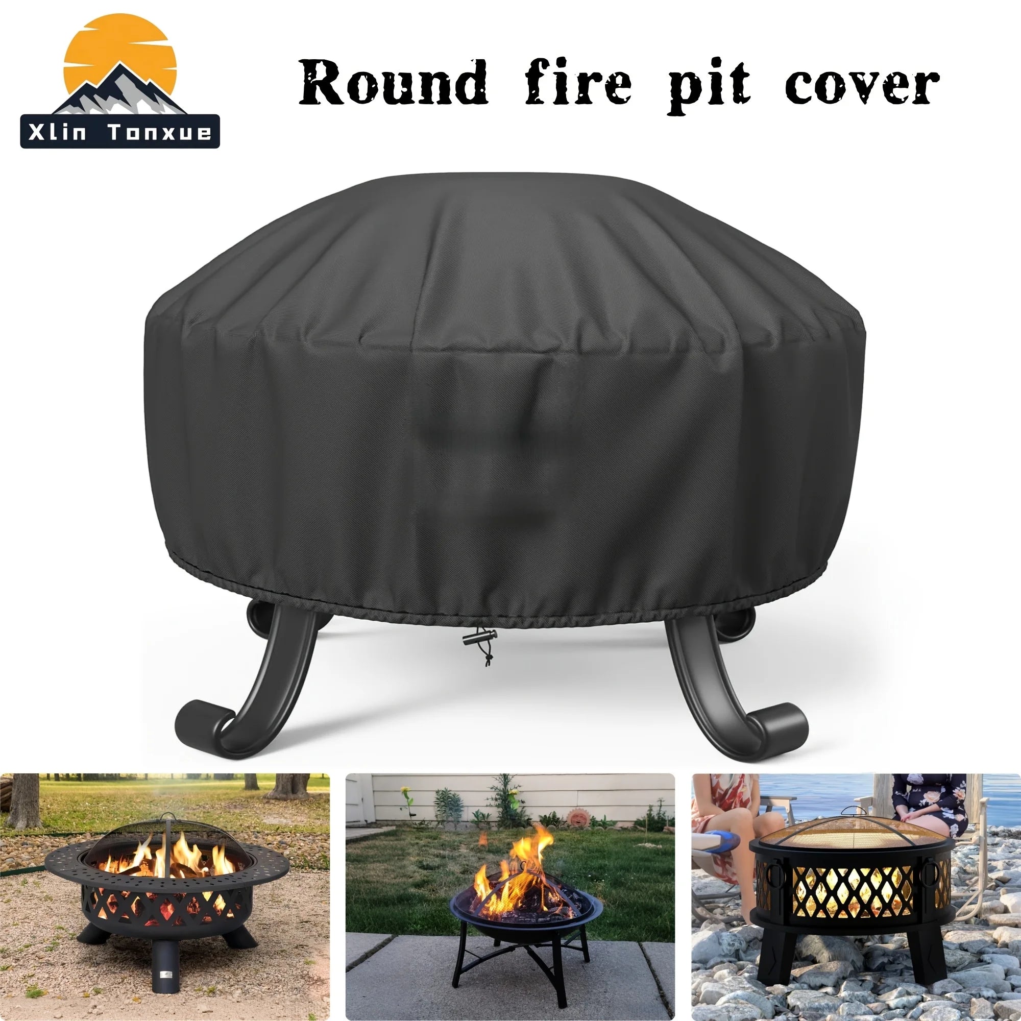 Round Fire Pit Cover, Waterproof Windproof Firepit Shield with Silver Coating & Drawstring, Fits Multiple Round Fire Pit Sizes