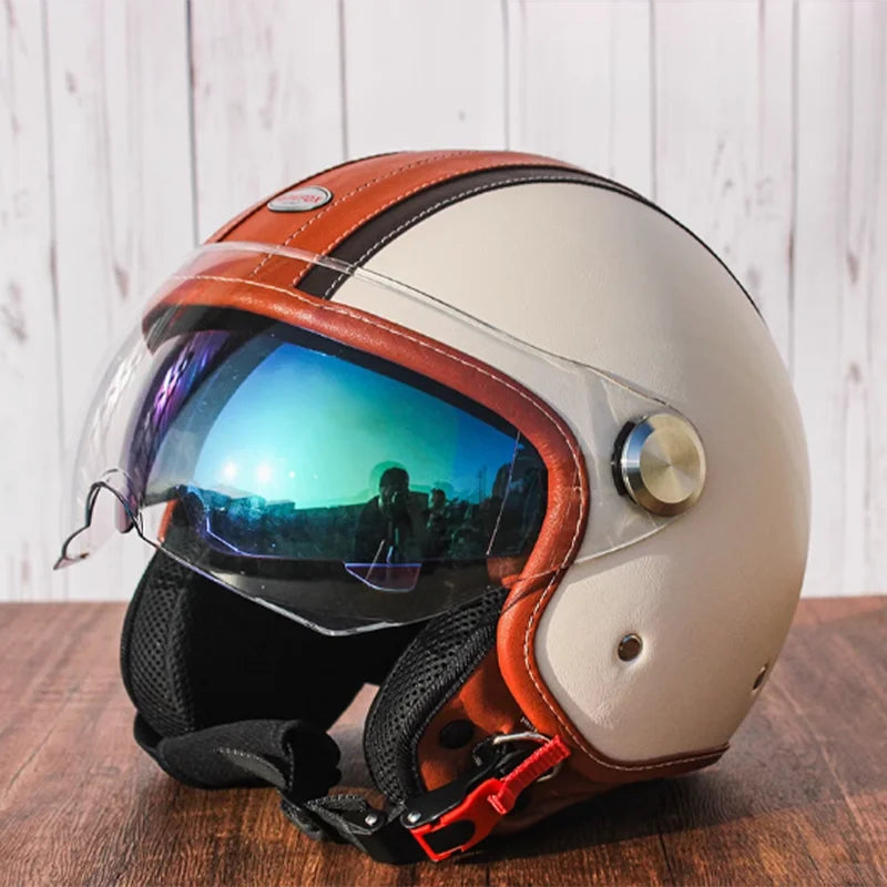 Brown Leather Original DOT ECE 3/4 Open Face Helmet MT Capacete Motorcycle Helmet JET Scooter Bike Half Helmets Cascos Para Moto