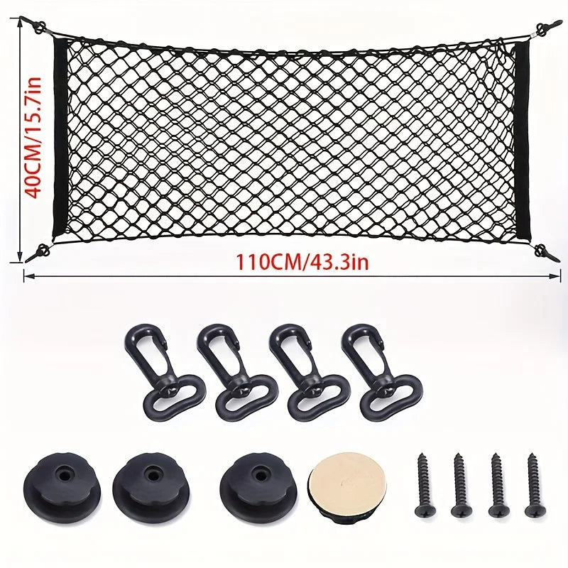 The Car Trunk Storage Net with Extendable Hooks and Nylon Material Is Convenient for Organizing and Can Safely Store Items