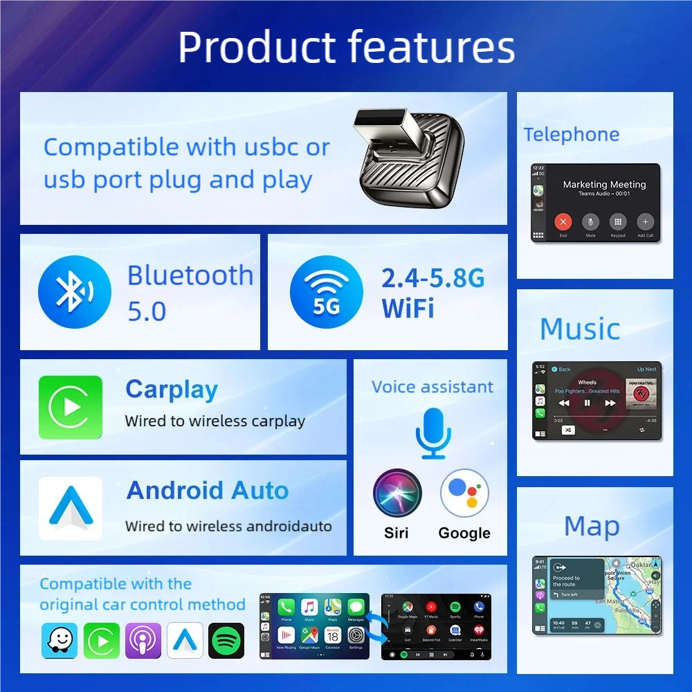 2026 2 in 1 Wireless CarPlay Adapter&Android Auto Wireless Adapter, 5Ghz WiFi Type-C/USB Plug Play Dongle CarPlay Wireless