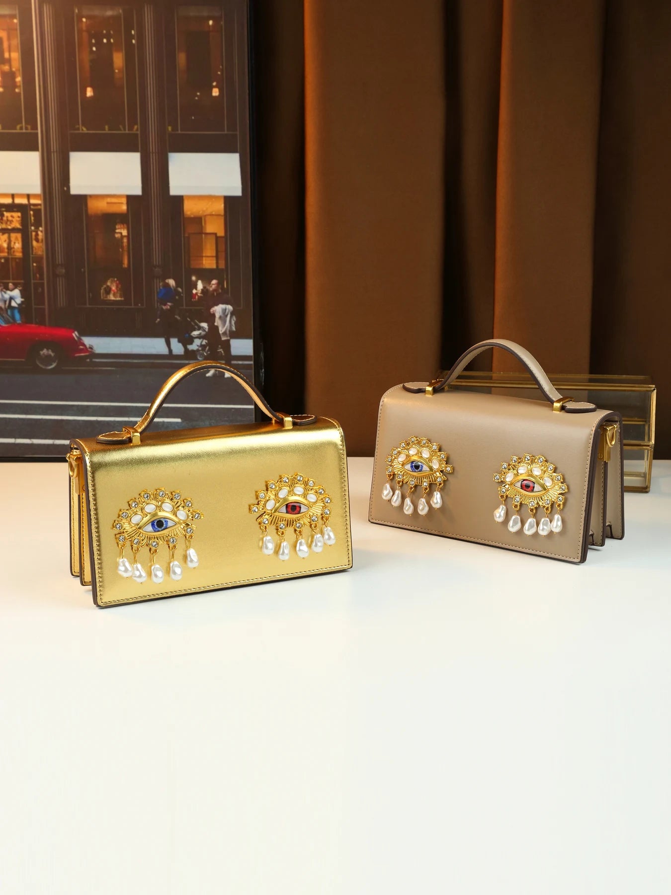 New retro pearl diamond eye creative design shoulder messenger bag fashion women's light luxury Boston bag