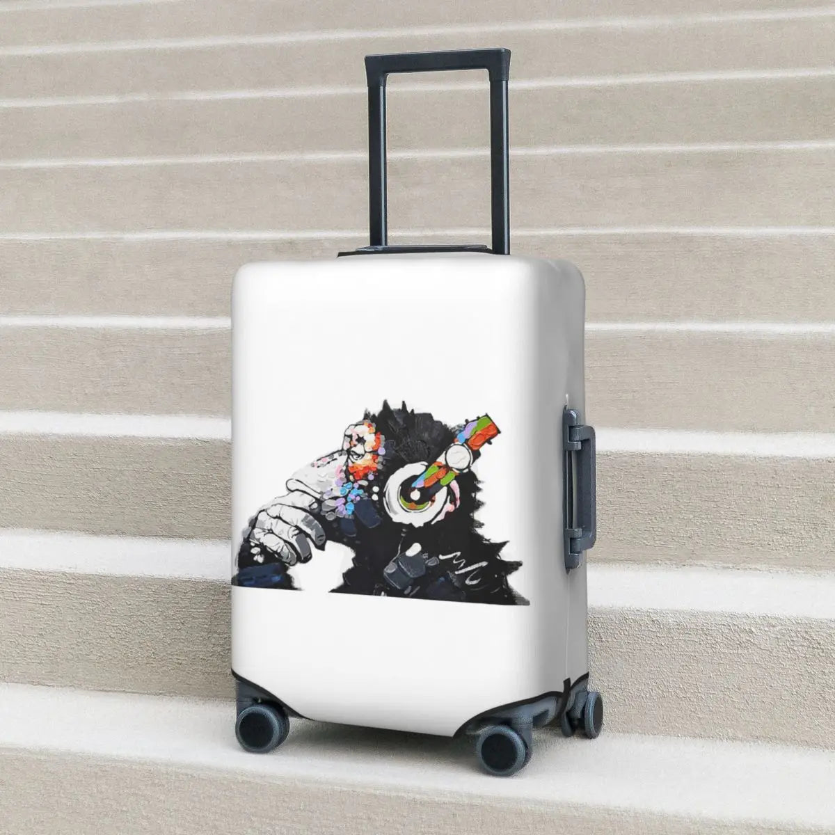 Banksy DJ Monkey Thinker With Headphones White Suitcase Cover Protection Elastic Travel Luggage Protector Covers for 18-32 Inch