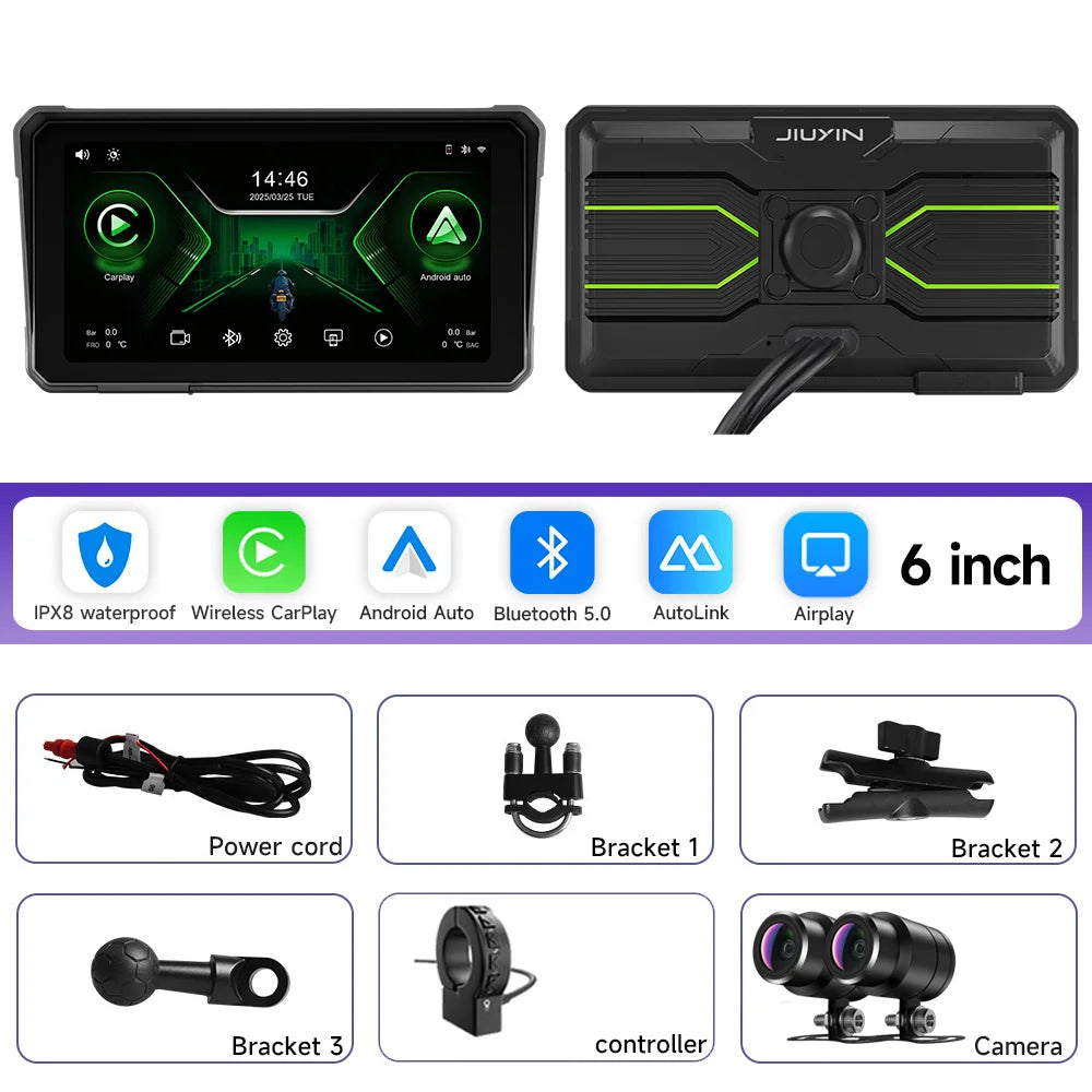 6 Inch Motorcycle 2K HD Multimedia Player GPS Navigation Wireless Carplay Android Auto IPX8 Waterproof Touch Screen Bluetooth