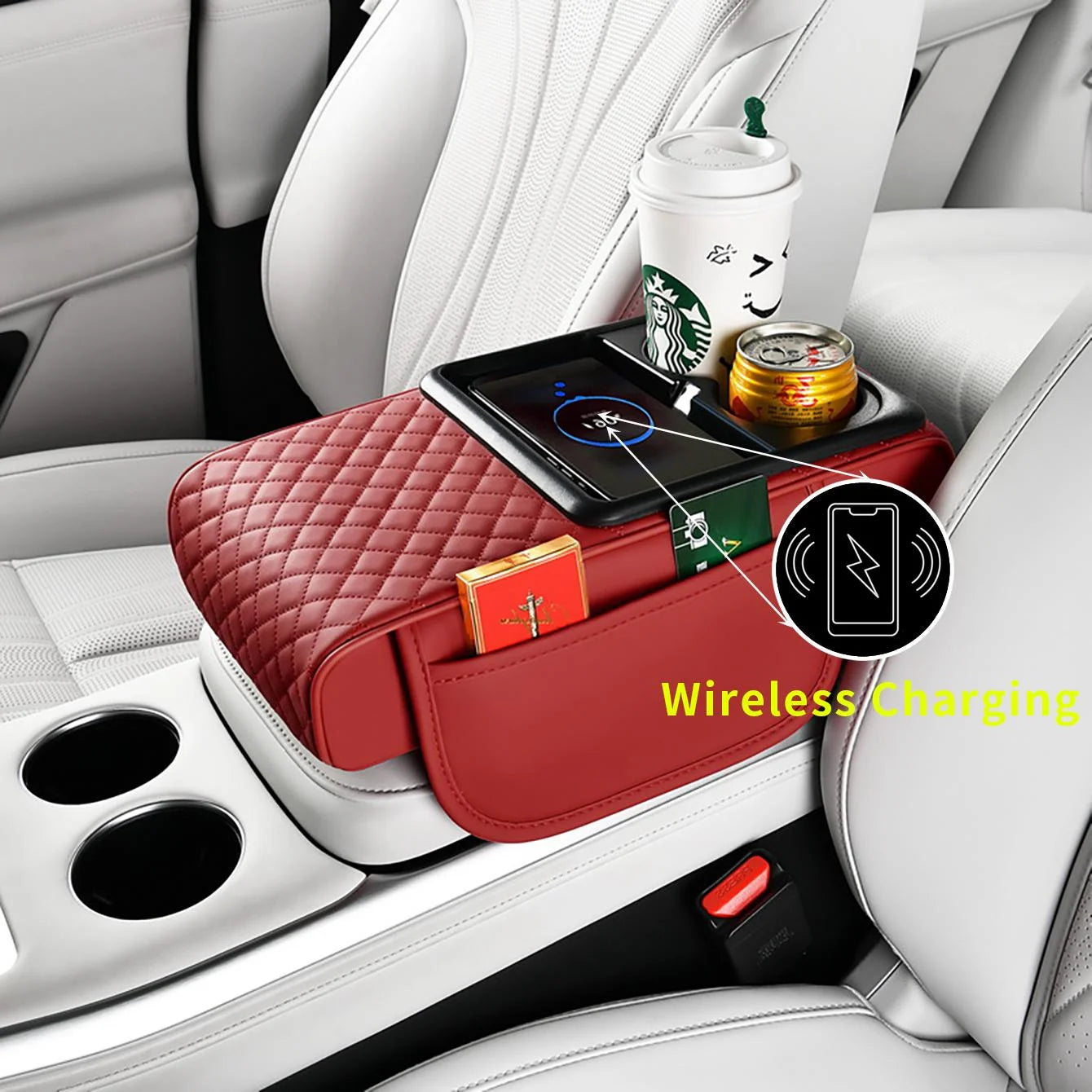 1 Car Armrest Box with Multiple Colors, Compatible with Apple and Huawei Wireless Charging, Comes with a Pack of Tissues and a Coaster