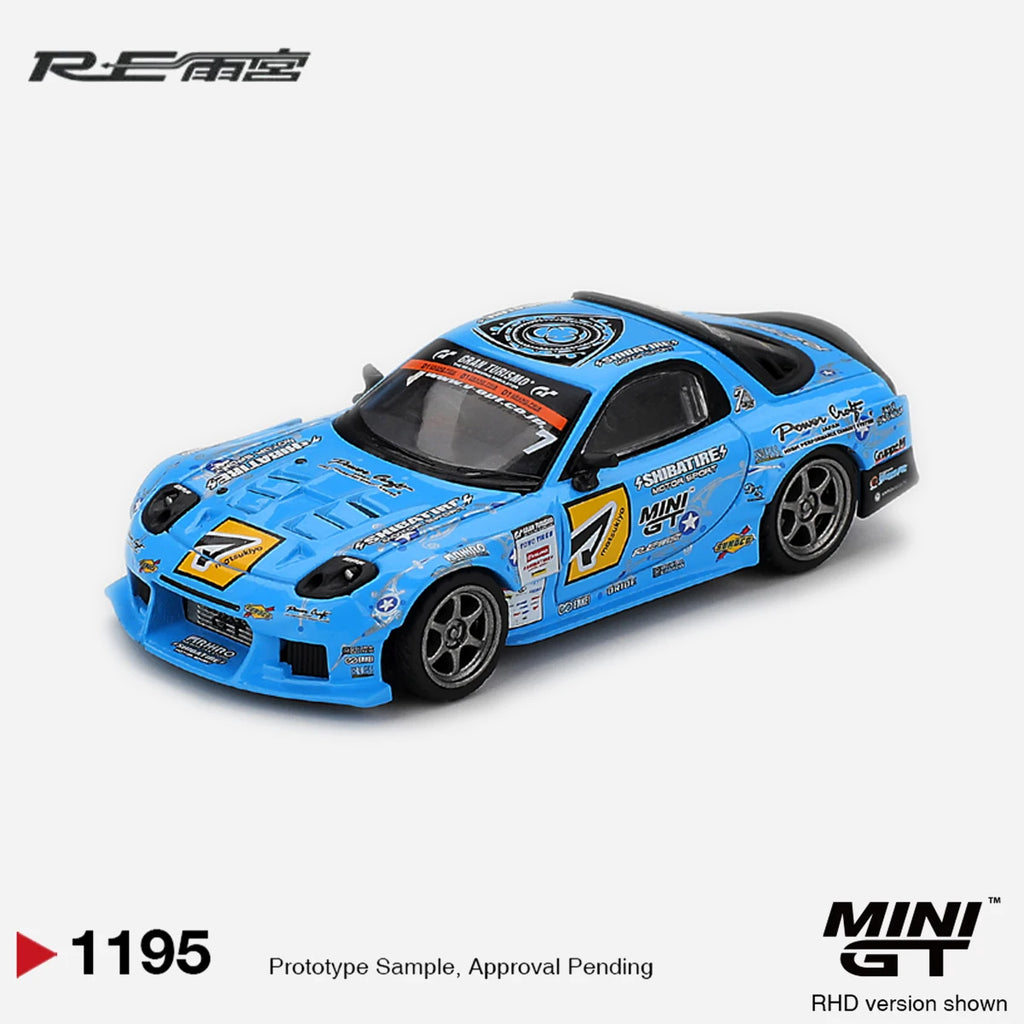 MiniGT 1:64 Mazda RX-7 RE-Amemiya 2025 D1GP Drift Diecast Car MGT01195 Light Blue Full Sponsor Livery RHD Drift Model in Stock