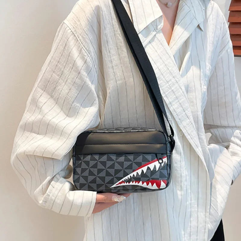 Trendy Shark Mouth Small Square Bag Men Women  Retro Printed Single Shoulder Crossbody Bag Street Hip Hop Leisure Small Bag New