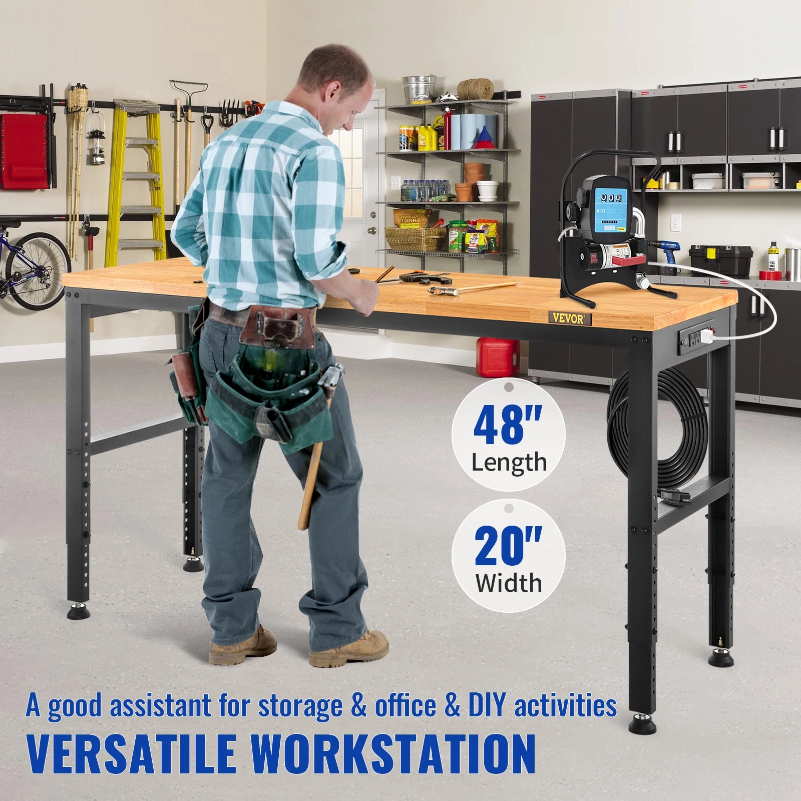 SucceBuy 72cm Woodworking Workbench Adjustable Height Oak Wood Hardwood Top Work Table 900KG Capacity for Office Home Workshop