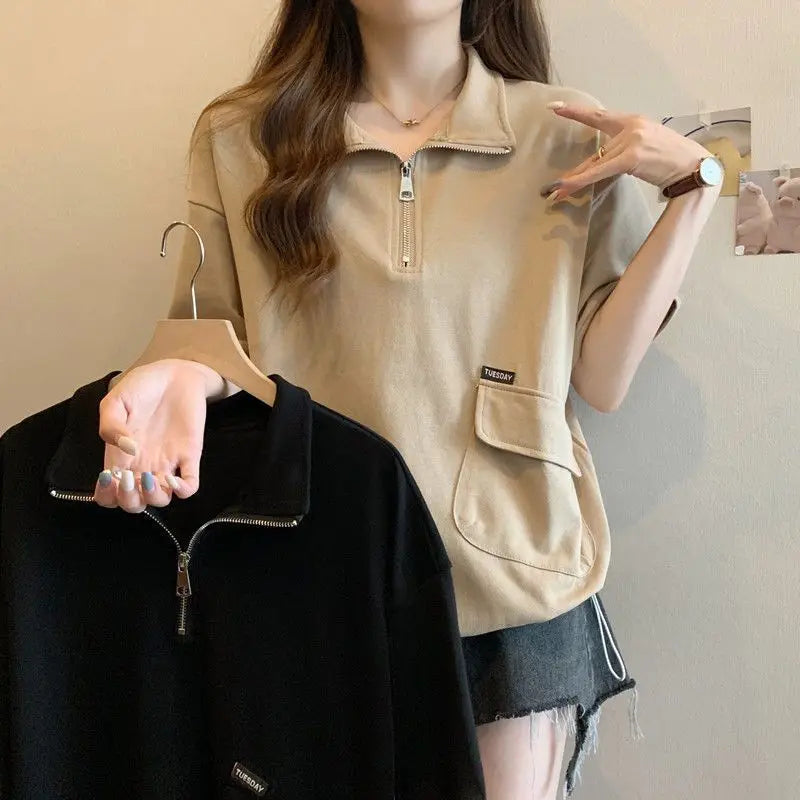 Large size women's clothing spring and summer new solid color casual and thin versatile lapel zipper short-sleeved t-shirt