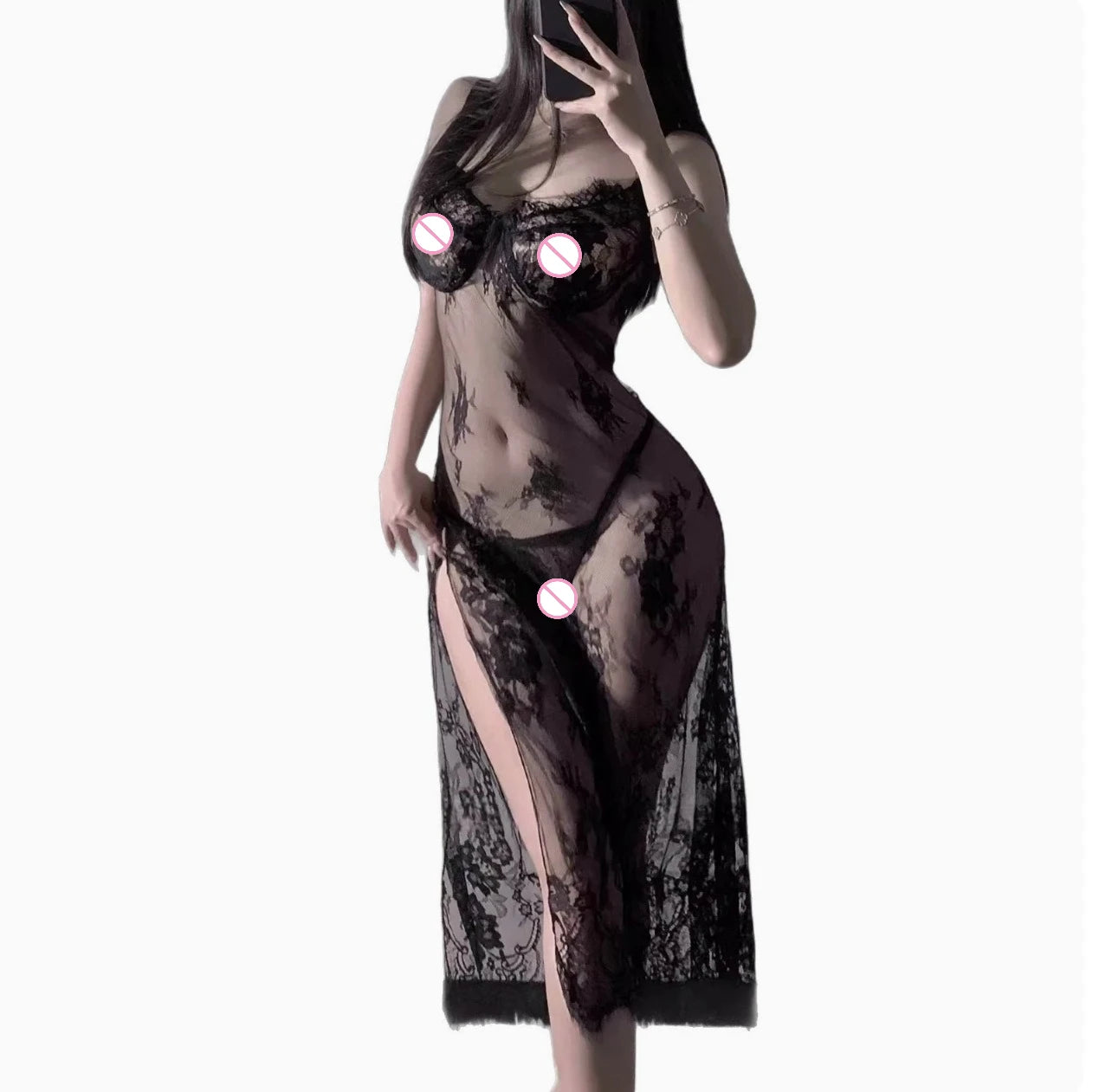 Purple Sexy Women Sheer Lace Slip Lingerie Set High Split Long Dress Cosplay Uniform Sleepwear Suitable for Small Bust Ladies