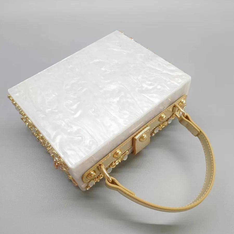 Luxury Acrylic Crystal Evening Bag Female New Hollow Out Metal Carved Flower Diamond Handbag Box Chic Shoulder Crossbody Bag Sac
