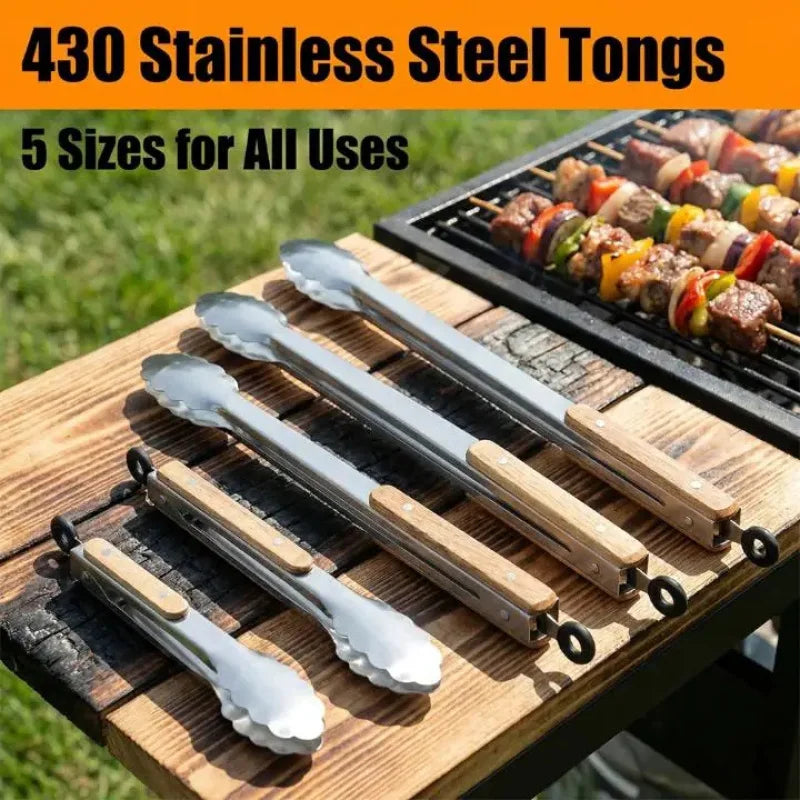 1Pcs Stainless Steel Food Tongs Heavy Duty Kitchen Tongs with Wooden Handle for Cooking Grilling BBQ 9-16 Inch Length