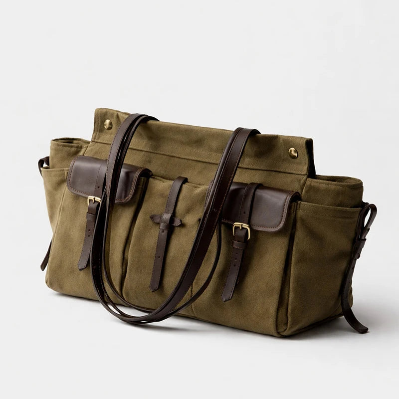 Luxury Canvas Leather Multi-Pocket Tote Bag,Women Zipper Closure Vintage Shoulder Bag,Motorcycle Biker Style Handbag,Lightweight
